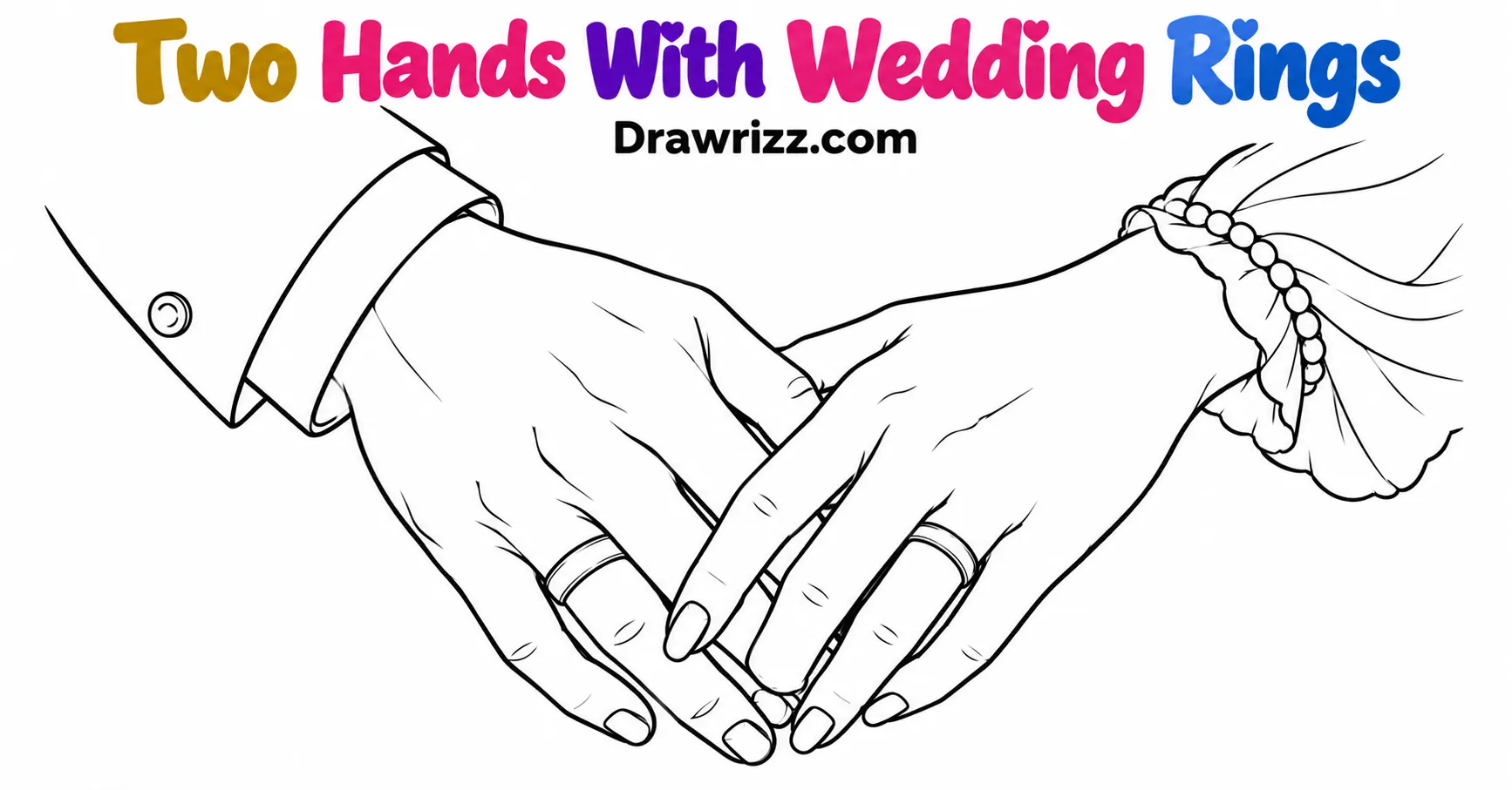 Two Hands With Wedding Rings drawing featuring intertwined adult hands, simple wedding bands and elegant black-and-white line art.