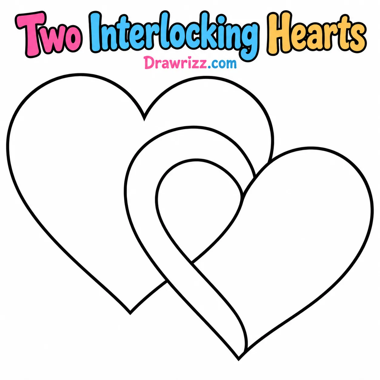 Heart Drawing Ideas featuring two interlocking hearts with black outlines, a cute printable coloring page for kids to color.