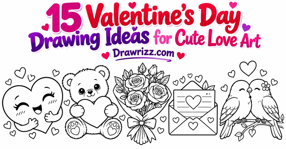 Valentine’s Day Drawing Ideas featuring a smiling heart, teddy bear, roses, love letter, and lovebirds in black-and-white art