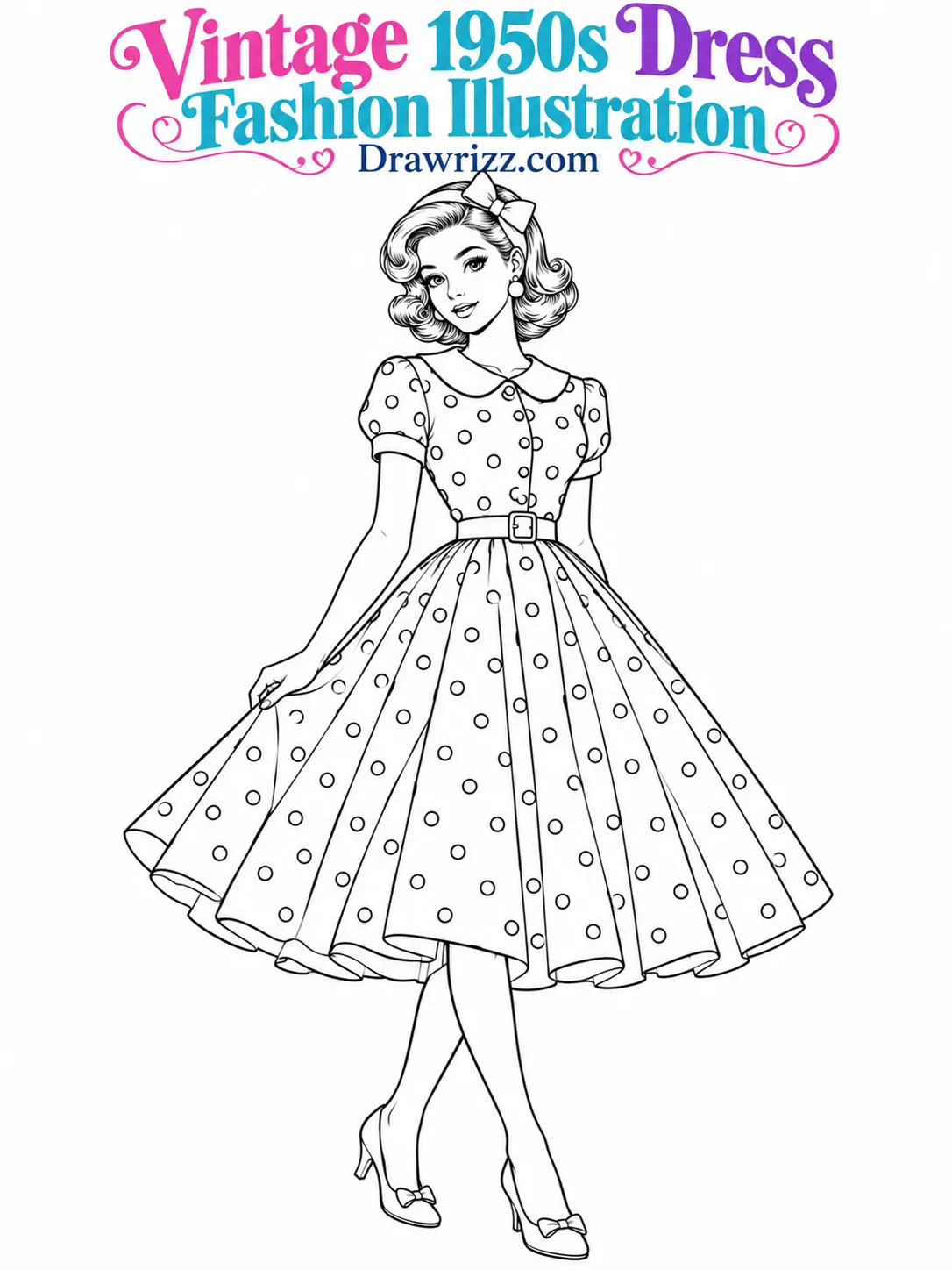 Fashion sketch drawing ideas featuring a vintage 1950s polka dot dress, flared skirt, fitted belt, retro curls and low heels.