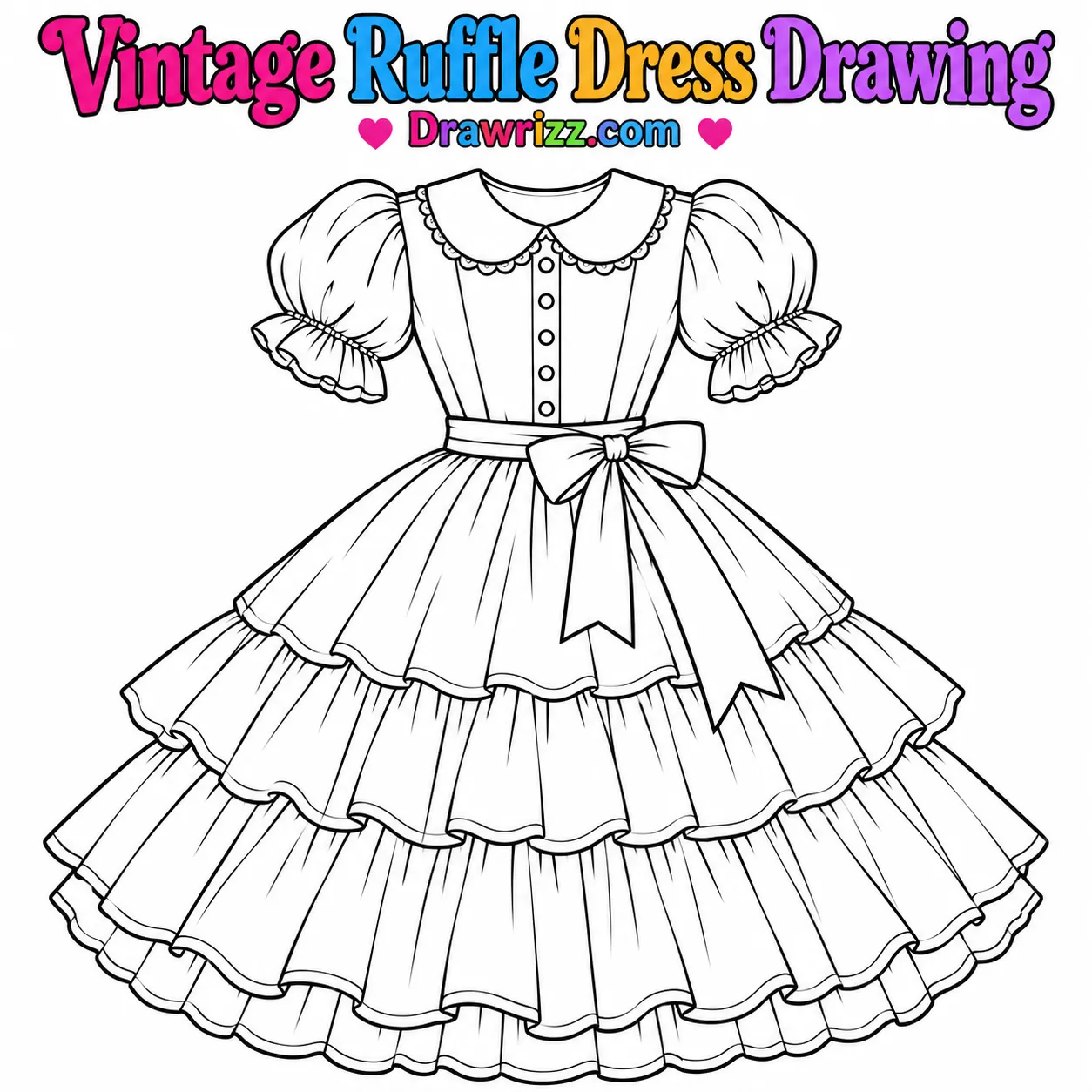 Dress Drawing Ideas featuring a vintage ruffle dress with puff sleeves, Peter Pan collar, waist bow and tiered skirt for coloring