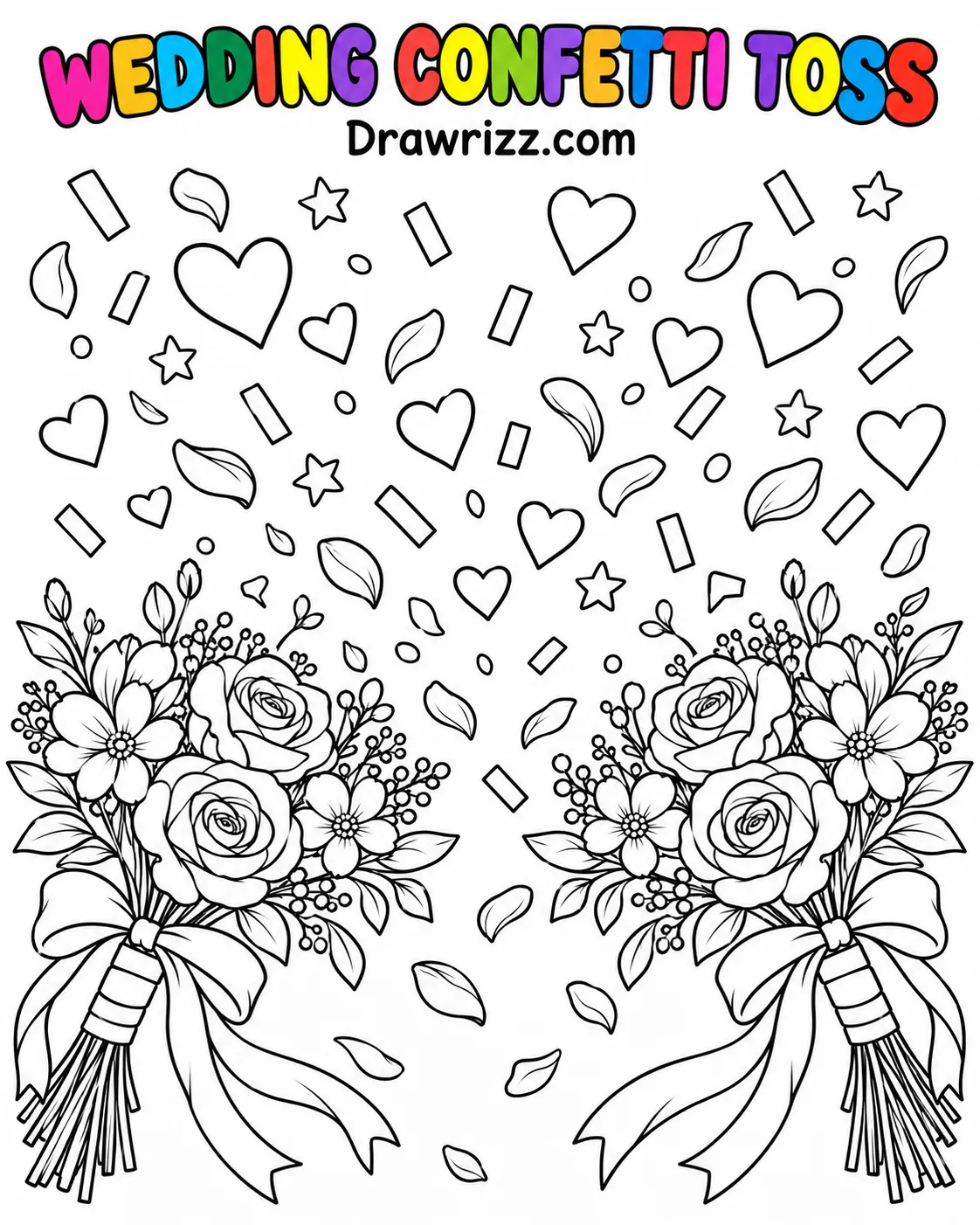 Confetti Drawing Ideas featuring wedding bouquets, floating hearts, stars, petals, and festive paper pieces in black line art