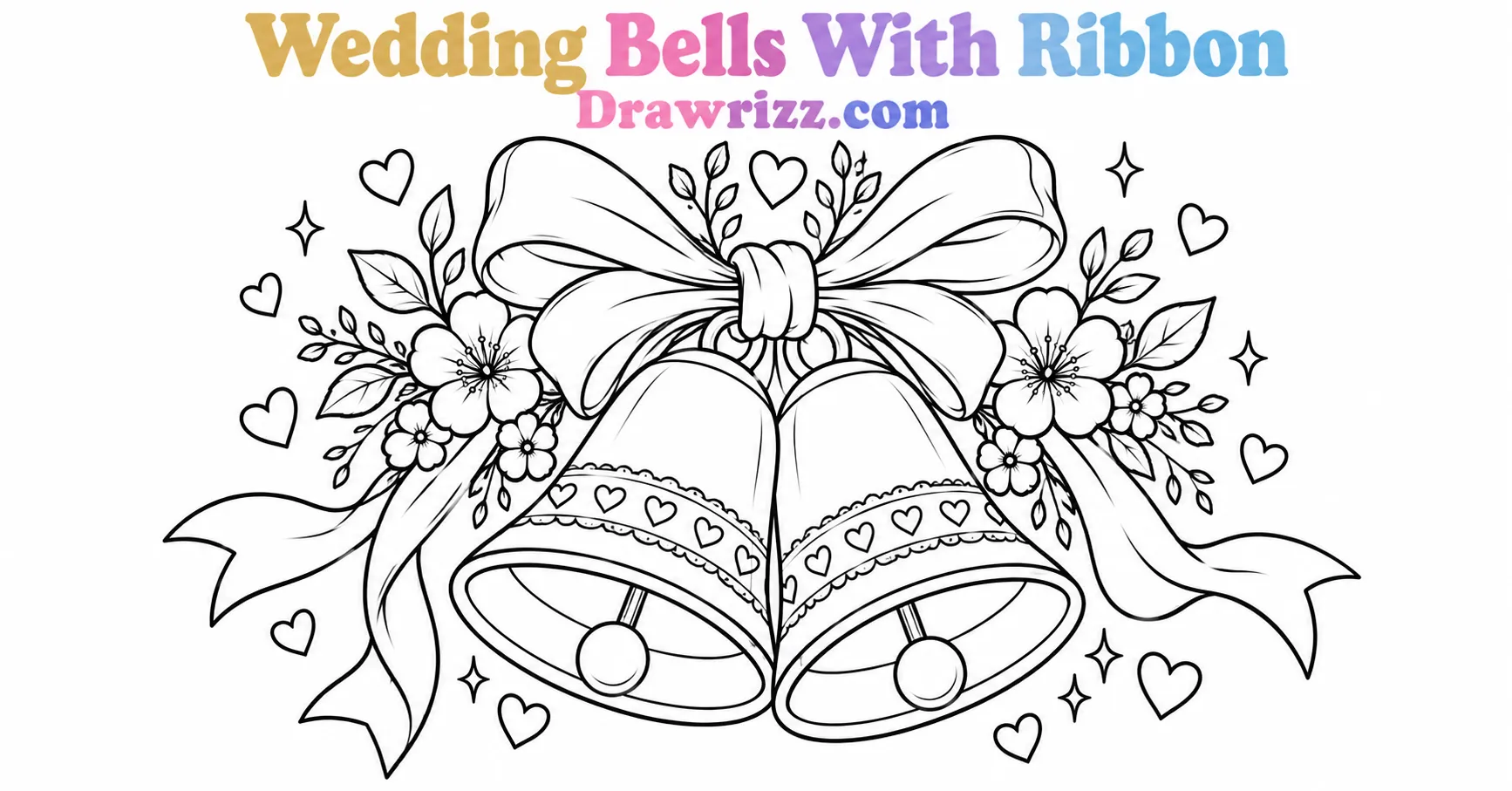 15 Wedding Drawing Ideas for Easy and Romantic Sketches Wedding drawing ideas featuring elegant wedding bells tied with ribbon, surrounded by flowers, leaves, hearts and sparkling accents.