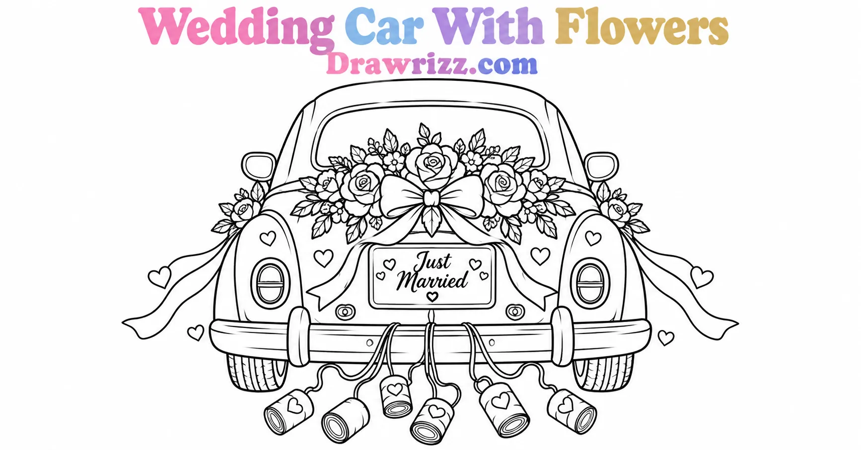 15 Wedding Drawing Ideas for Easy and Romantic Sketches Wedding drawing ideas featuring a classic getaway car with flowers, ribbons, hearts, Just Married sign and trailing cans.