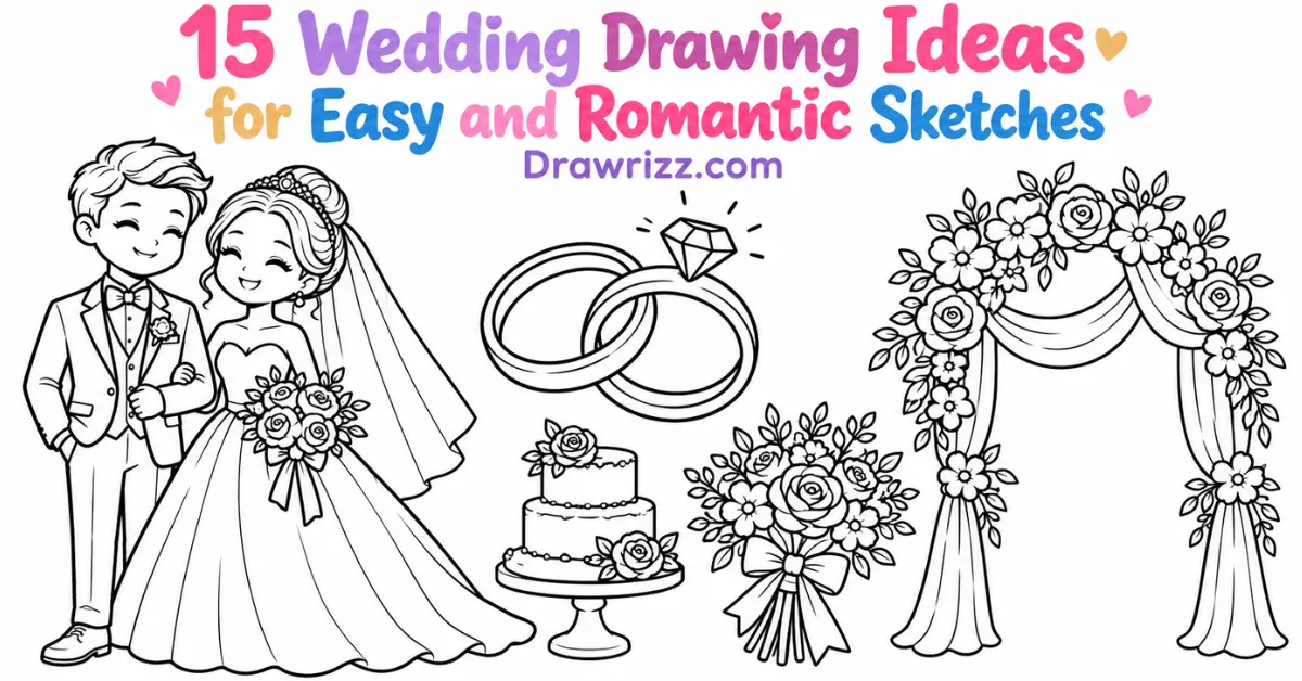 Wedding drawing ideas with bride, groom, rings, cake, bouquet and floral arch in easy black-and-white romantic line art.