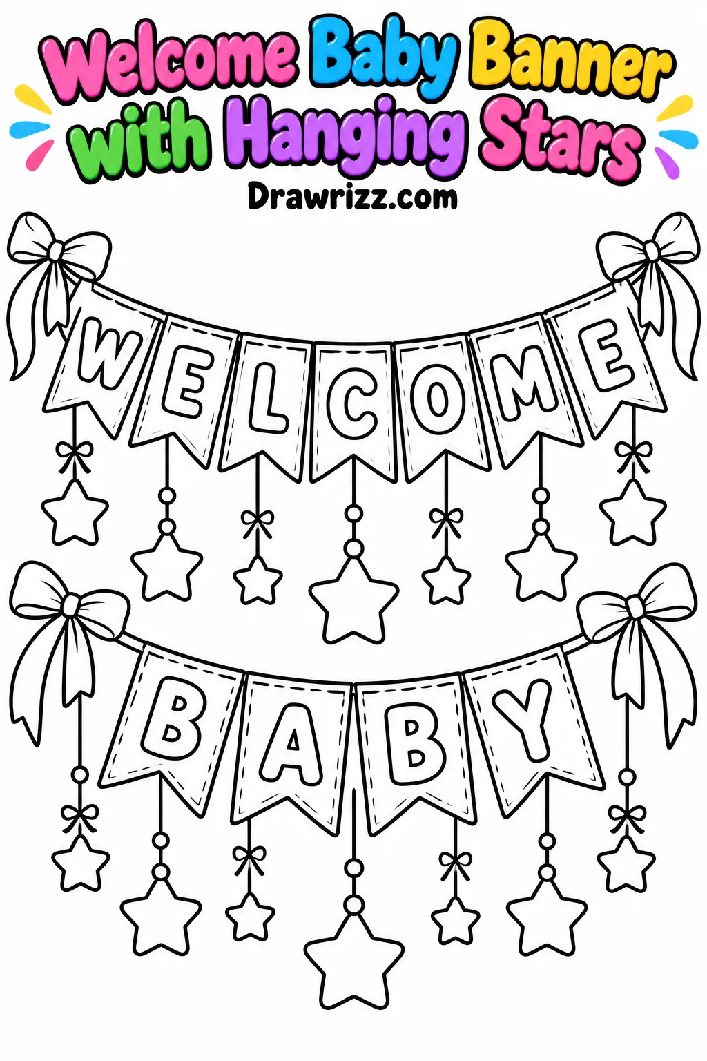 Baby shower drawing ideas featuring a Welcome Baby banner with pennant letters, hanging stars and ribbon bows to color.