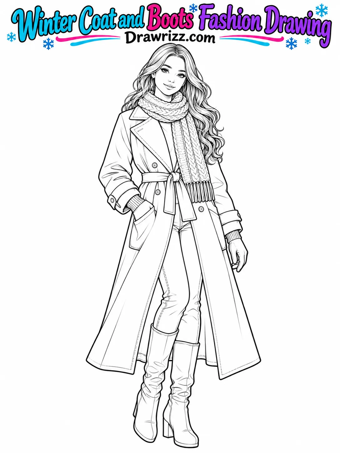 Fashion sketch drawing ideas featuring a woman in a belted winter coat, knitted scarf, fitted pants, gloves, and tall boots