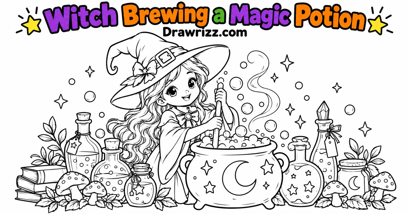 Witch drawing ideas featuring a cute witch brewing a magic potion in a bubbling cauldron with bottles, mushrooms and stars