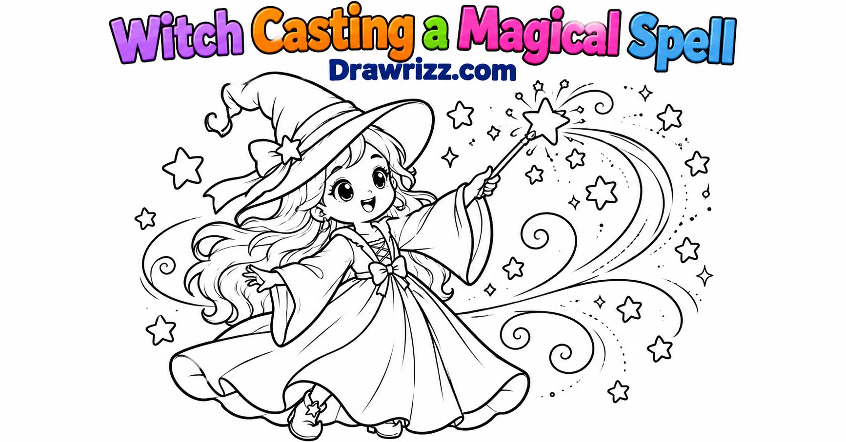 Witch drawing ideas show a friendly witch casting a magic spell with her wand, surrounded by stars, sparkles and magic swirl.