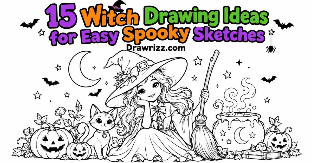 Witch drawing ideas featuring a friendly witch, broom, black cat, cauldron, pumpkins, crescent moon, bats, and spooky stars