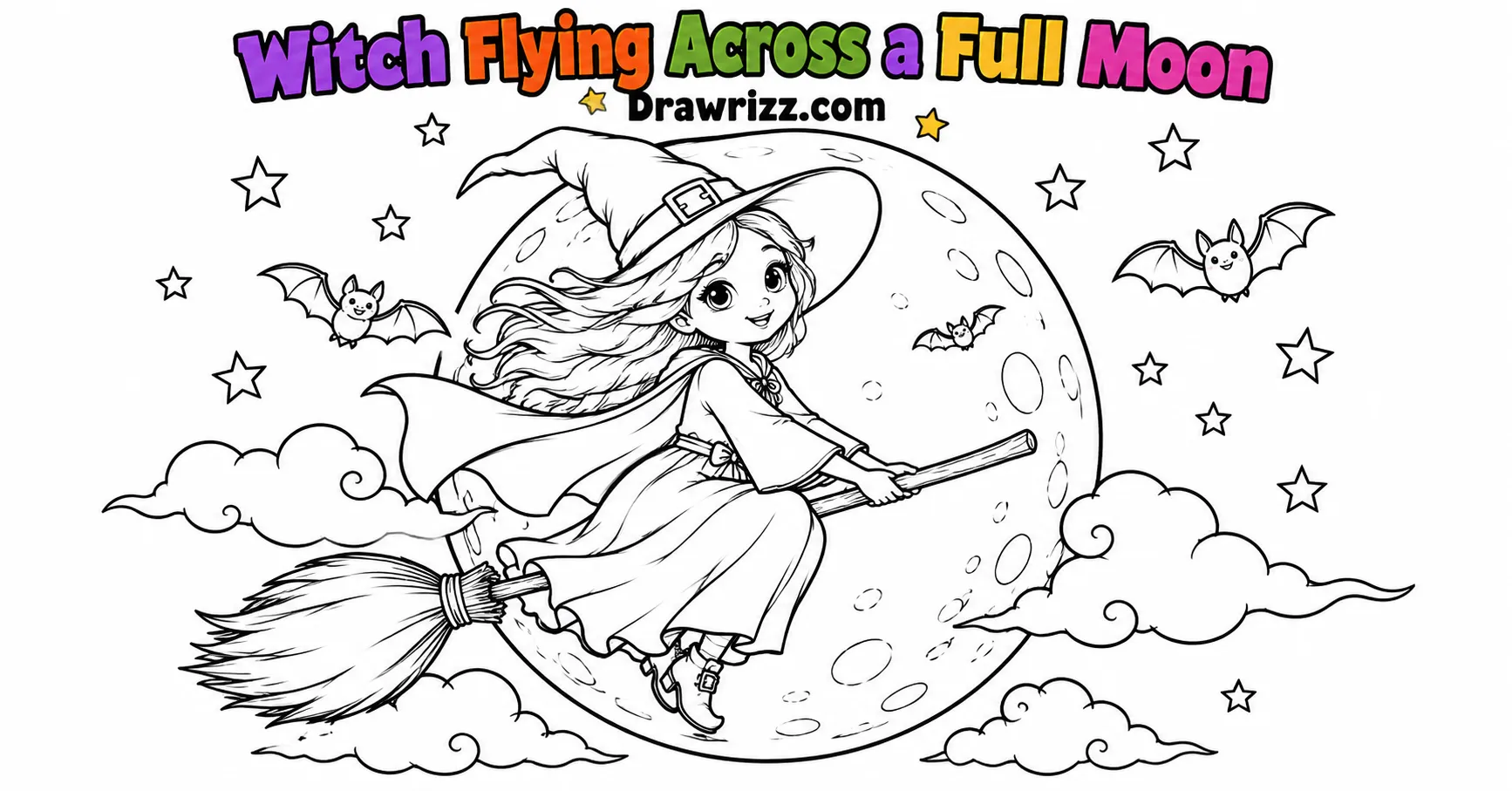 Witch drawing ideas featuring a cute witch flying on a broom across a full moon, with outlined bats, stars, and wispy clouds