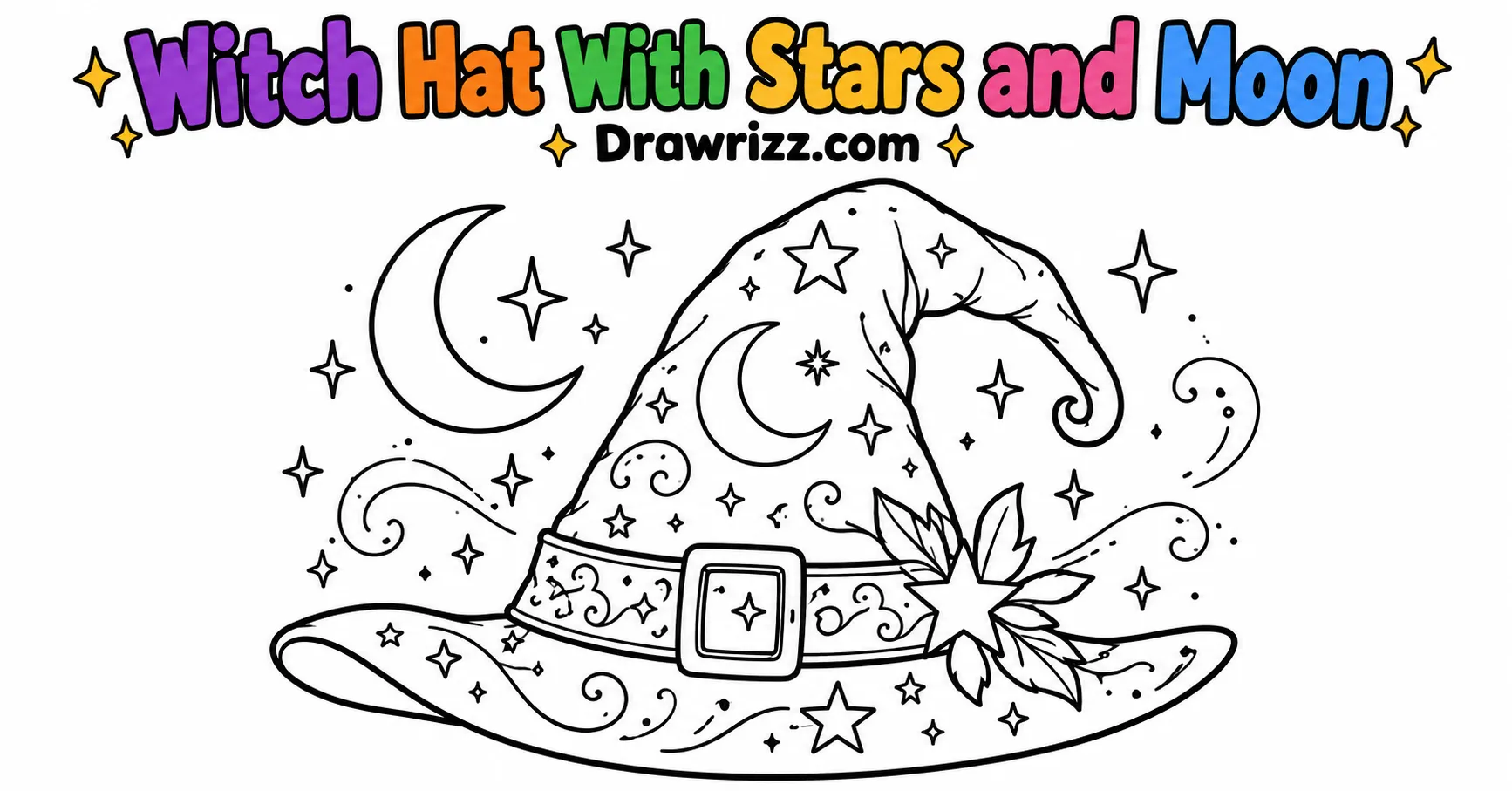 Witch drawing ideas with crooked witch hat, stars, crescent moon, buckle and magical swirls in bold black-and-white line art