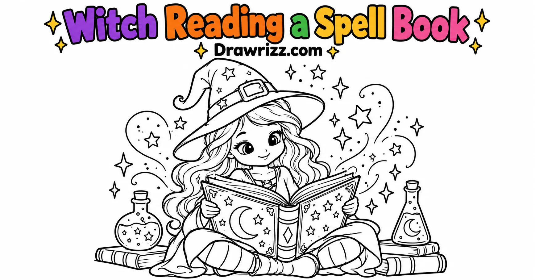 Witch drawing ideas featuring a cute witch reading a spell book with stars, magical sparkles, potion bottles, and bold line art