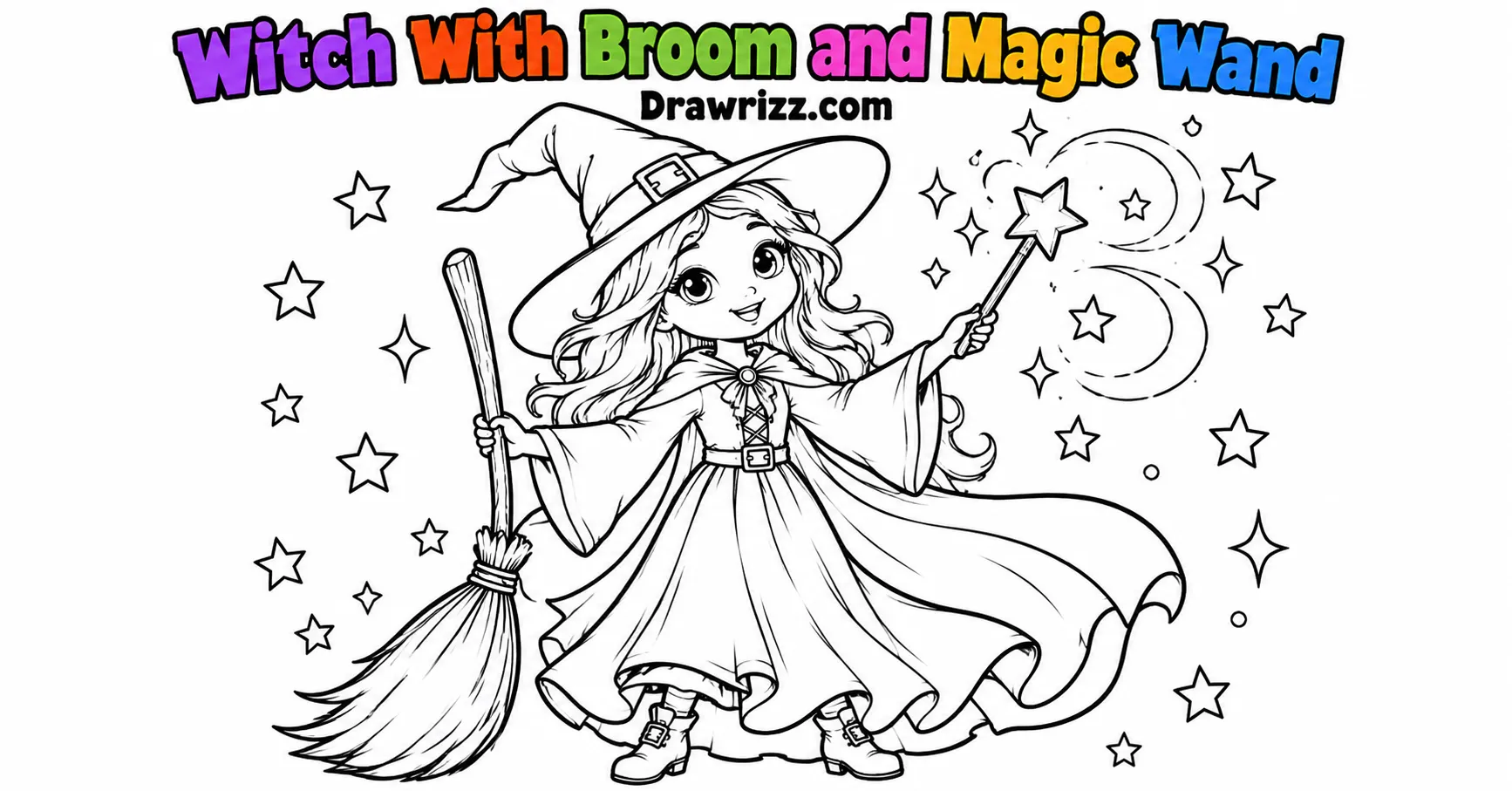 Witch drawing ideas showing a smiling witch with broom and magic wand, wearing a pointed hat, cape, boots, stars and sparkles.