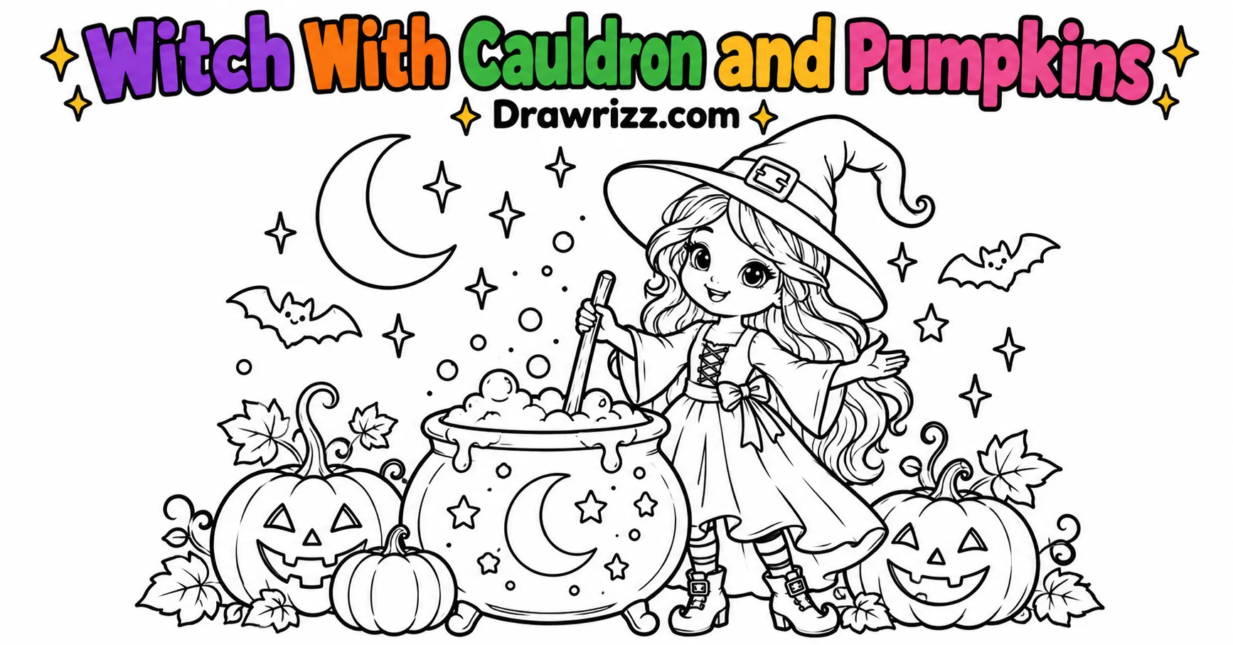 Witch drawing ideas featuring a cheerful witch with bubbling cauldron, pumpkins, bats, stars and crescent moon coloring page.