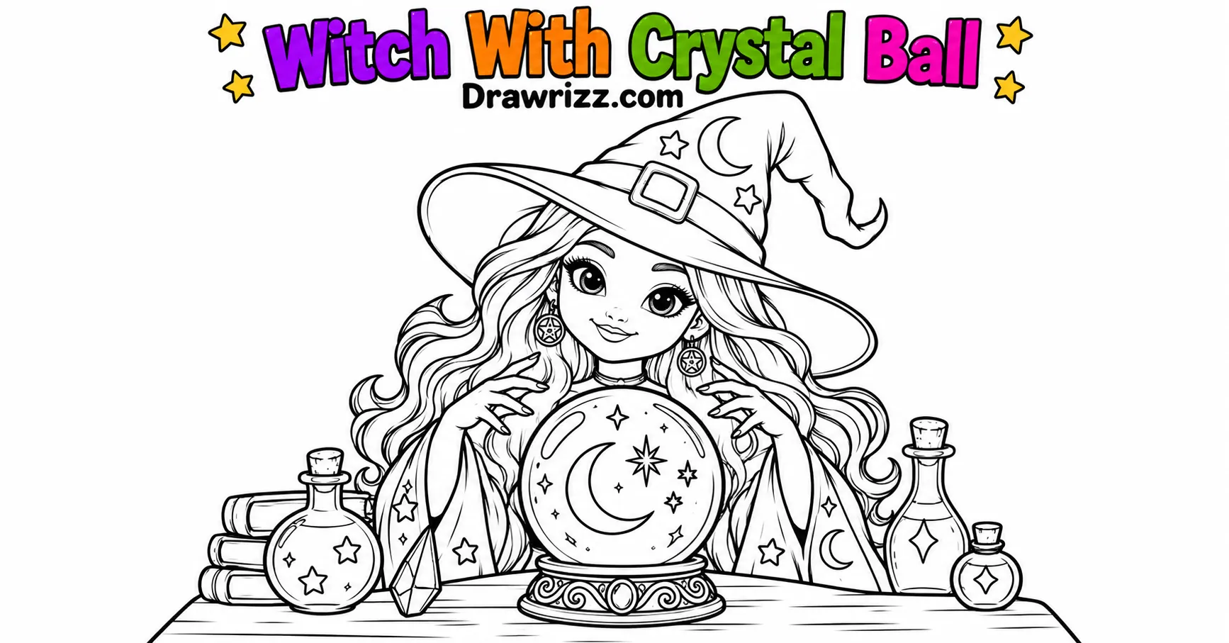 Witch drawing ideas featuring a friendly witch with a crystal ball, crescent moon, stars, potion bottles, and bold line art.