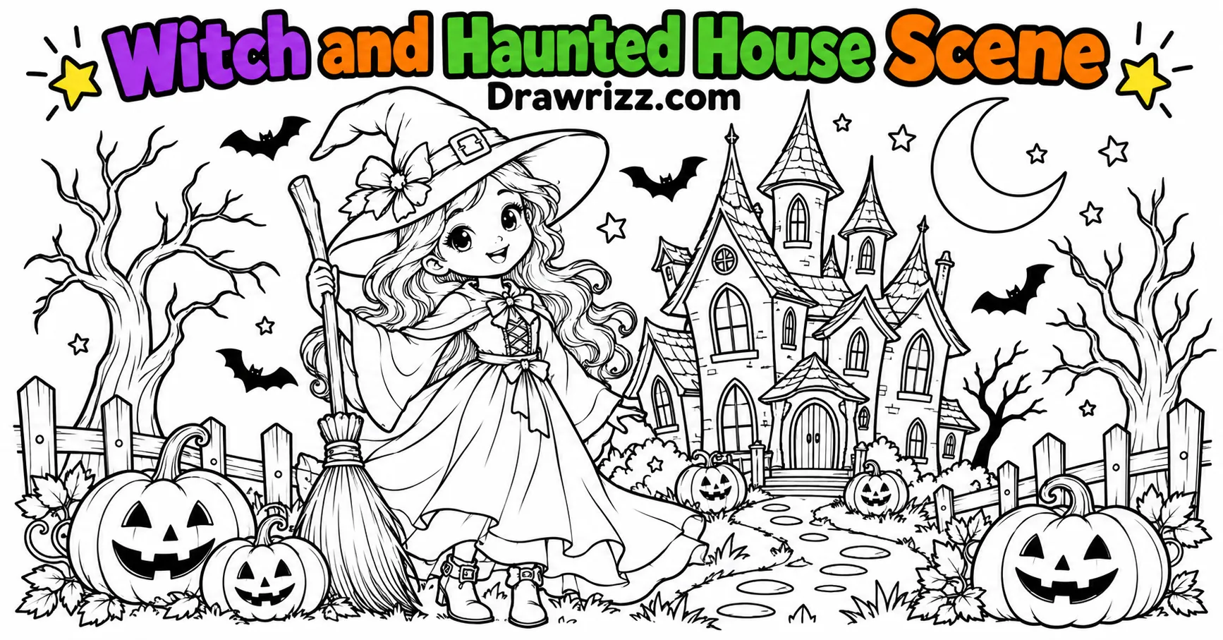 Witch drawing ideas featuring a cute witch, haunted house, broom, pumpkins, crescent moon, bare trees, bats and spooky stars.