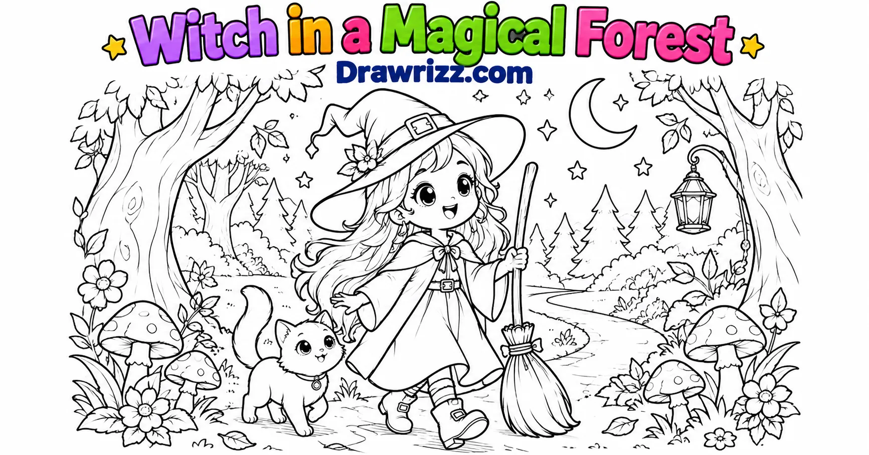 Witch drawing ideas feature a cute witch walking with her broom through a magical forest with trees, mushrooms, stars and moon